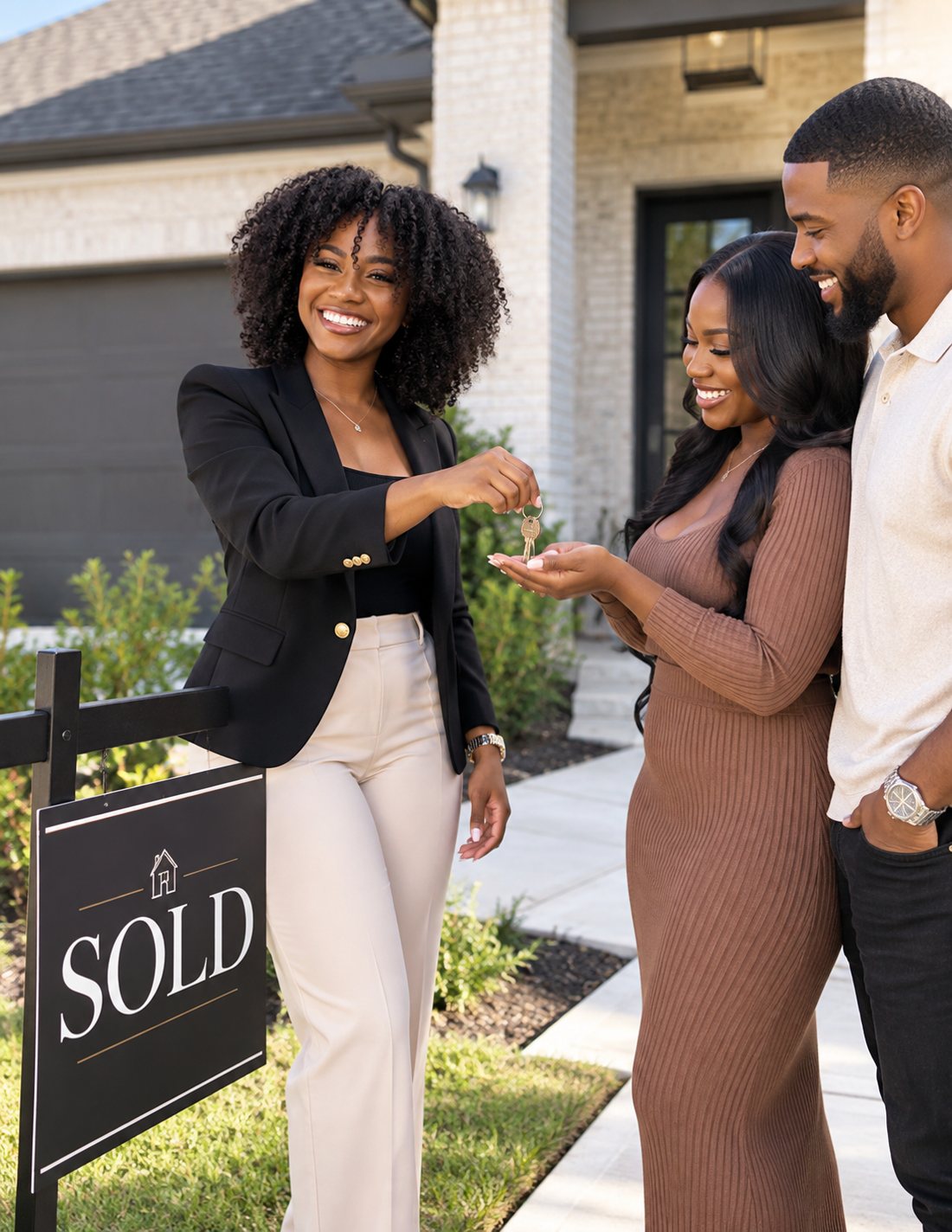 Brittany Thomas handing house keys to happy buyers in front of a sold sign